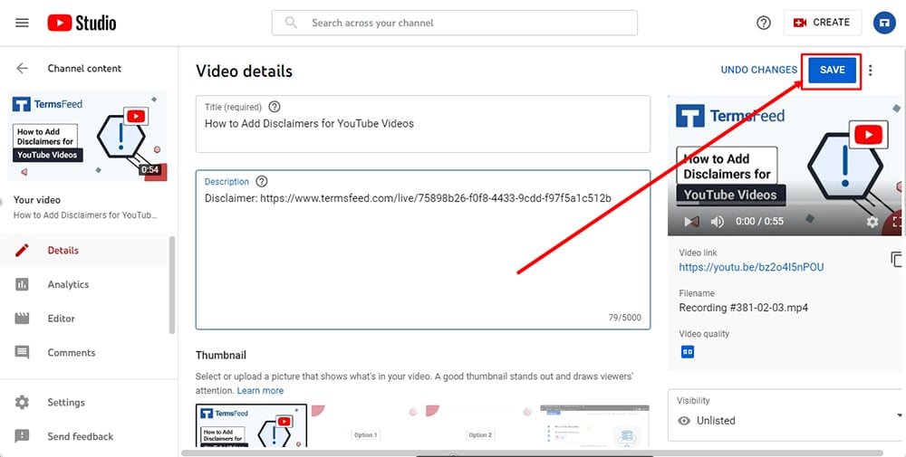TermsFeed YouTube channel: Content Video details and Save button highlighted