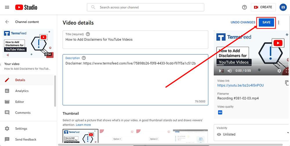 TermsFeed YouTube channel: Content Video details and Save button highlighted