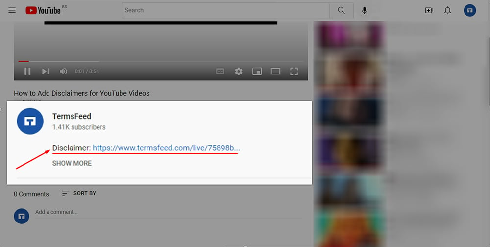 TermsFeed YouTube channel: Video on YouTube with link to Disclaimer in description highlighted