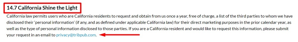 Tribune Publishing Privacy Policy and Your Privacy Rights: California Shine the Light clause