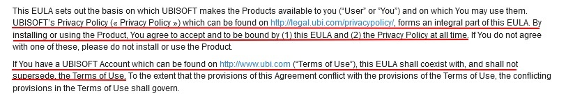 UBISOFT EULA intro clause with Privacy Policy and Terms of Use agreements highlighted