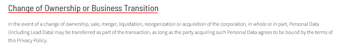 Unbounce Privacy Policy: Change of Ownership or Business Transition clause