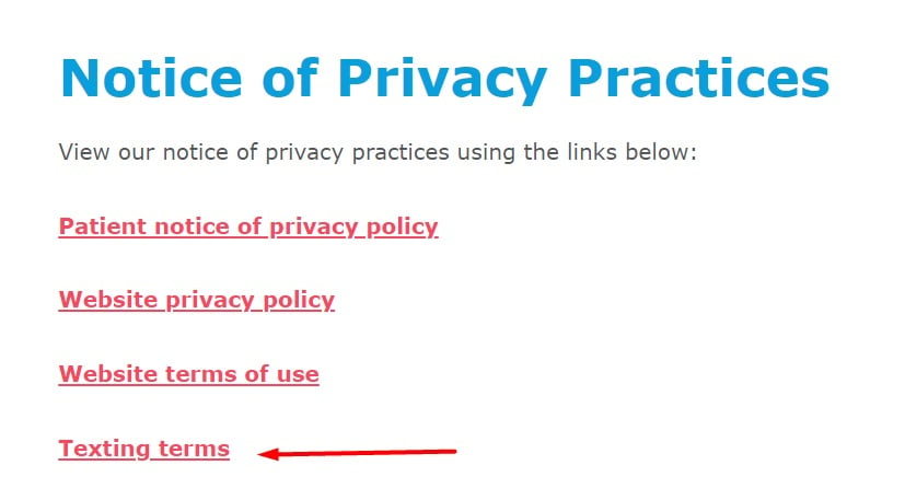 Adventist Health Notice of Privacy Practices page with Texting terms link highlighted