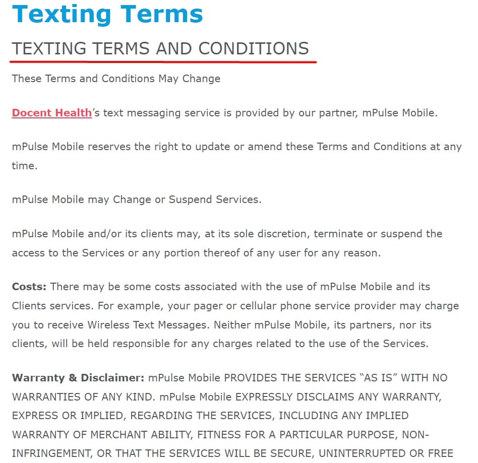 Adventist Health Texting Terms and Conditions agreement excerpt