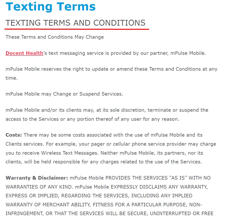 Adventist Health Texting Terms and Conditions agreement excerpt