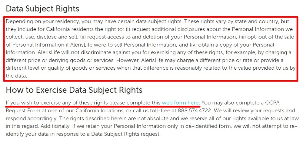 AlerisLife California Privacy Policy: Data Subject Rights and How to Exercise Data Subject Rights clauses