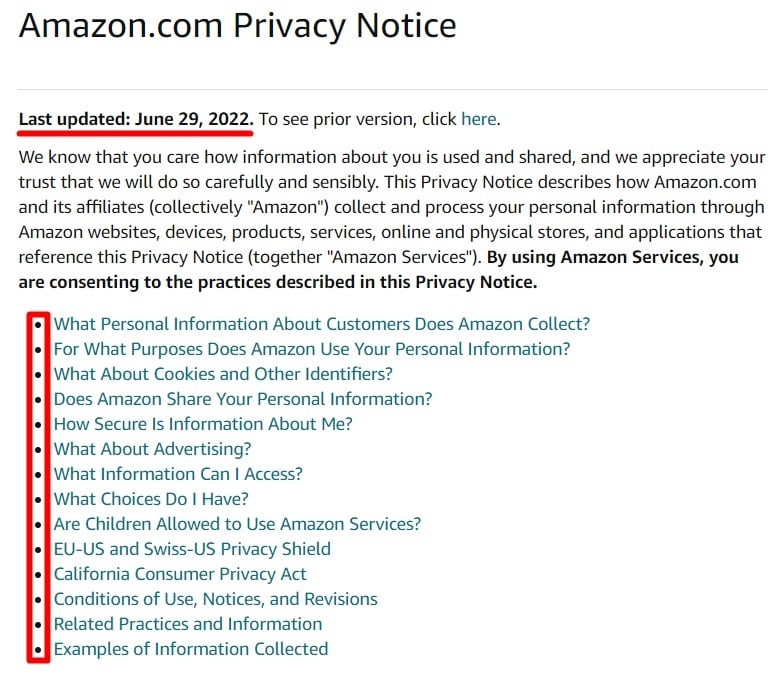 Amazon Privacy Notice: Intro section with table of contents of clauses highlighted