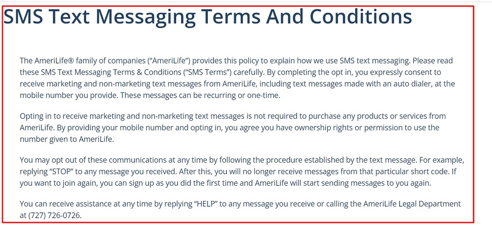 AmeriLife SMS Text Messaging Terms and Conditions: Intro sections