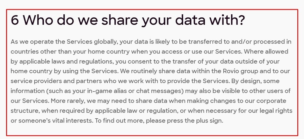 Angry Birds Privacy Notice: Who do we share your data with clause