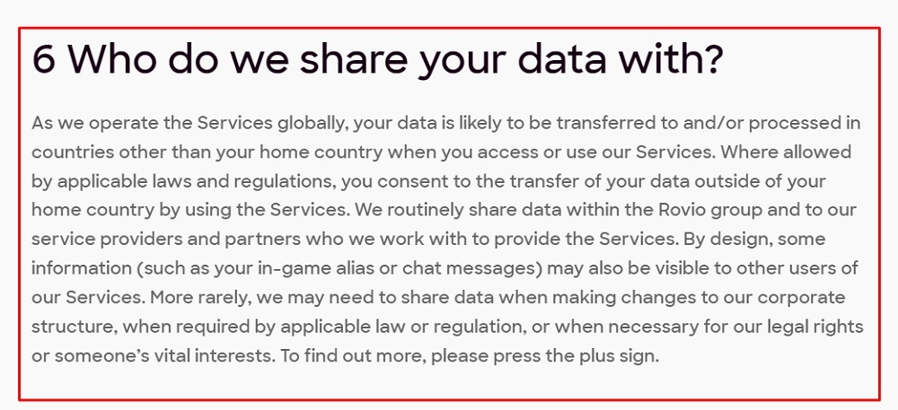 Angry Birds Privacy Notice: Who do we share your data with clause