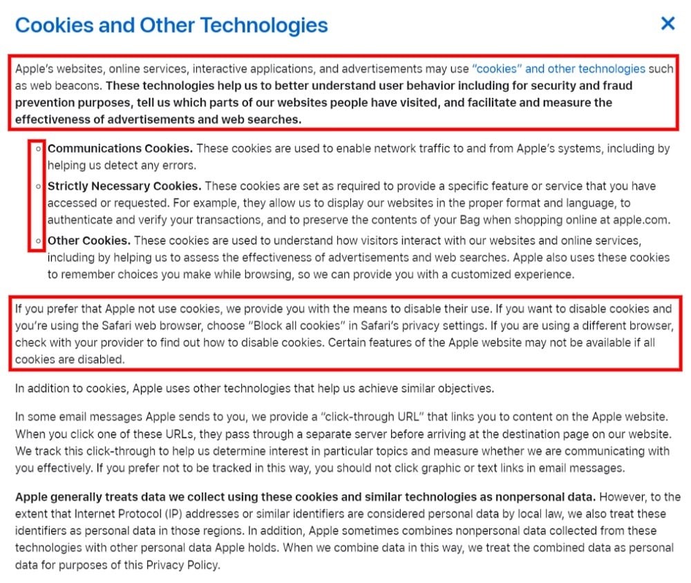 Apple Privacy Policy: Cookies and Other Technologies clause excerpt