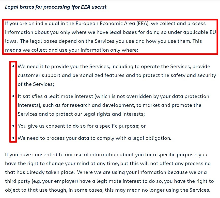 Atlassian Privacy Policy: Legal bases for processing for EEA users clause