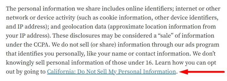 Automattic Privacy Policy: CCPA Section with California: Do Not Sell My Personal Information link highlighted