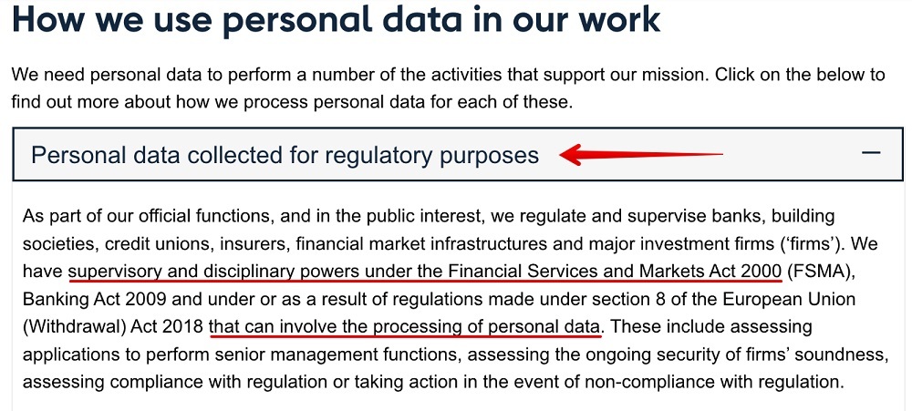 Bank of England Privacy Policy: How we use personal data - Collected for regulatory purposes clause