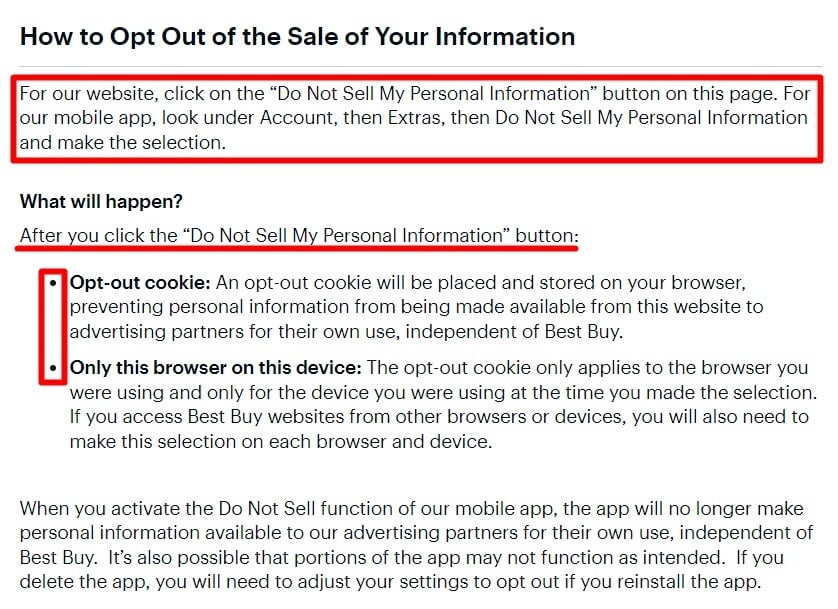 Best Buy Do Not Sell My Personal Information page: How to Opt Out section
