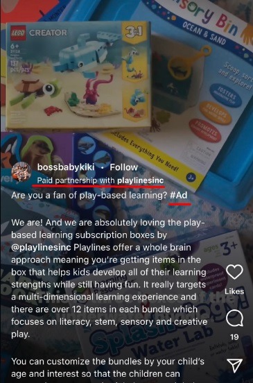Boss Baby Kiki Instagram Reel post with paid partnership and ad disclosures highlighted