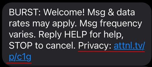 Burst text message screenshot with Privacy Policy link highlighted