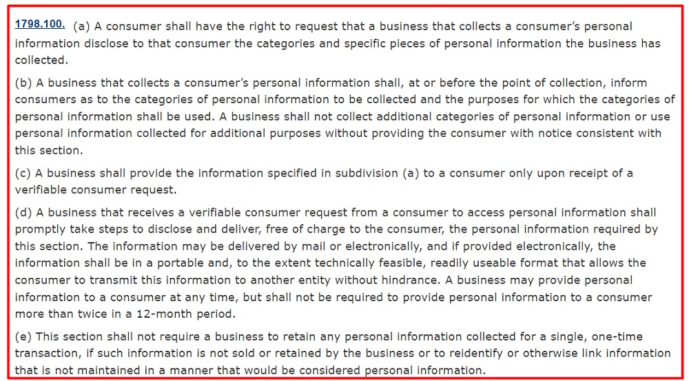 California Legislative Information: CCPA Section 1798 100: Consumer rights and inform about information collected purposes section