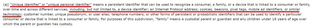 California Legislative Information: CPRA Section 1798 140 aj - Definition of Unique Identifier and Unique personal identifier