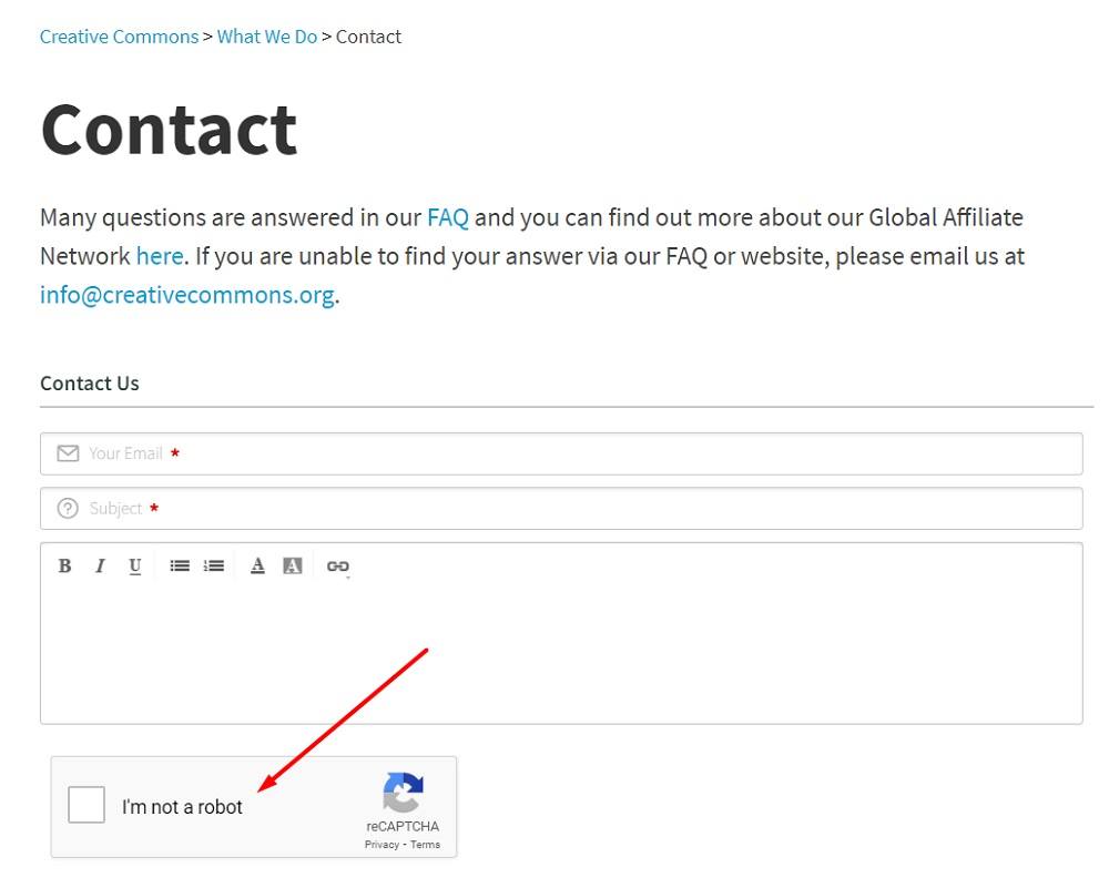 Creative Commons contact form with reCAPTCHA highlighted