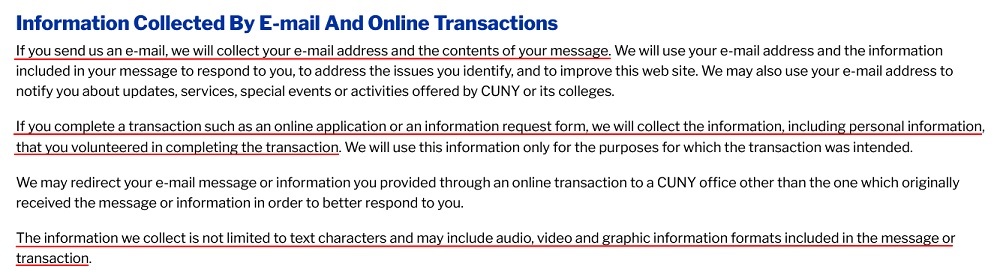 CUNY Privacy Policy: Information Collected by Email and Online Transactions clause excerpt