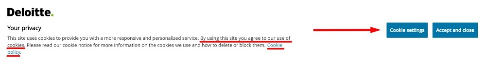 Deloitte Cookie Consent Banner with Cookie Policy and Cookie Settings highlighted
