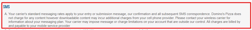 Dominos Terms of Use: SMS clause