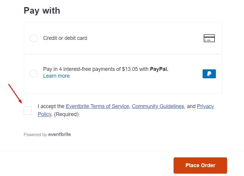 Eventbrite checkout page with I accept Terms of Service Community Guidelines and Privacy Policy checkbox highlighted