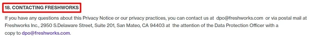 Freshworks Privacy Notice: Contacting Freshworks clause