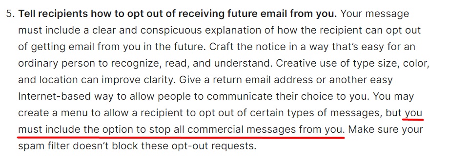 FTC CAN-SPAM Act compliance: A Guide for Business - Section 5: How to opt out of future email