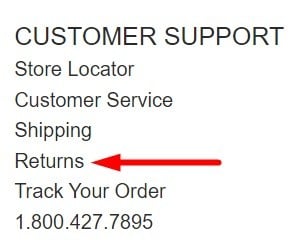 Gap website footer with returns link highlighted
