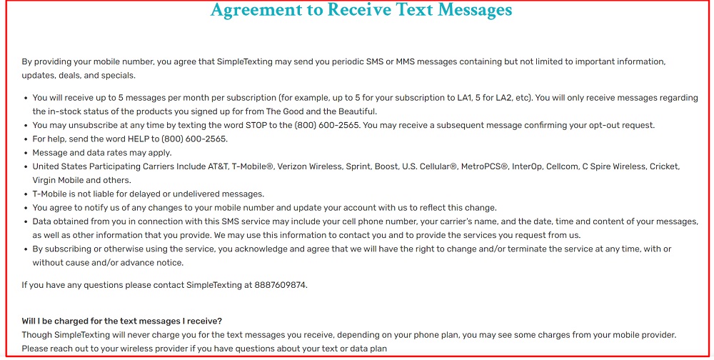 The Good and the Beautiful: Agreement to Receive Text Messages Policy