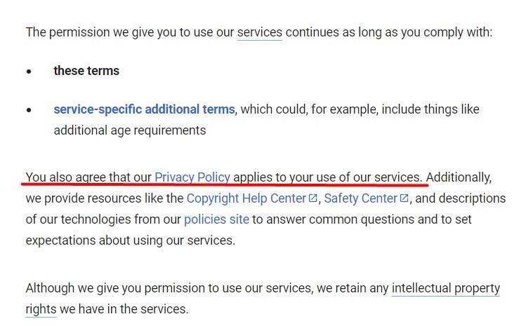 Google Terms of Service intro clause with Agree to Privacy Policy section highlighted