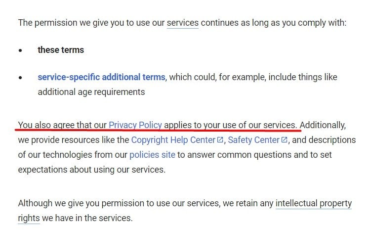 Google Terms of Service intro clause with Agree to Privacy Policy section highlighted