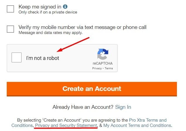 The Home Depot Create Account form with reCAPTCHA and Privacy and Security Statement link highlighted
