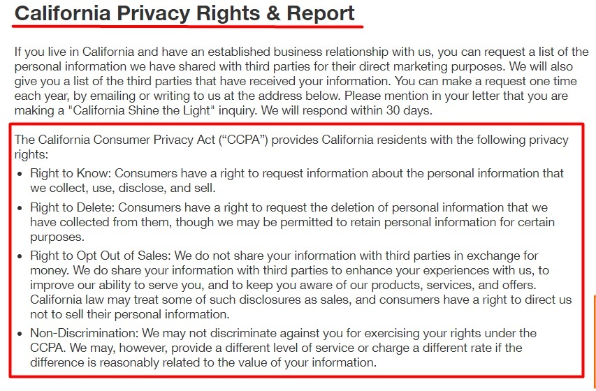 The Home Depot Privacy and Security Statement: California Privacy Rights and Report clause