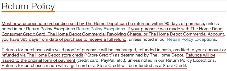 The Home Depot Return Policy excerpt