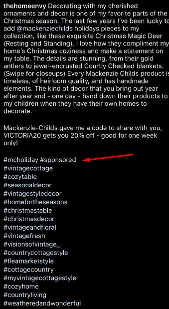 Home Envy Instagram account post caption with Sponsored disclosure highlighted