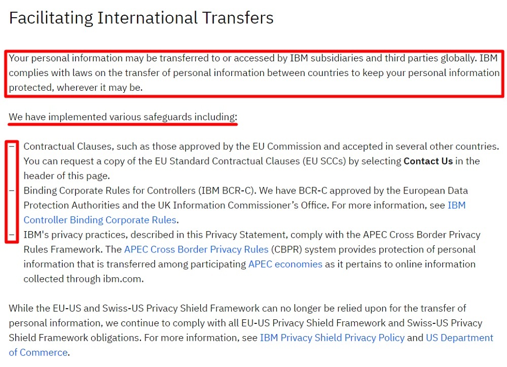 IBM Privacy Statement: Facilitating International Transfers clause