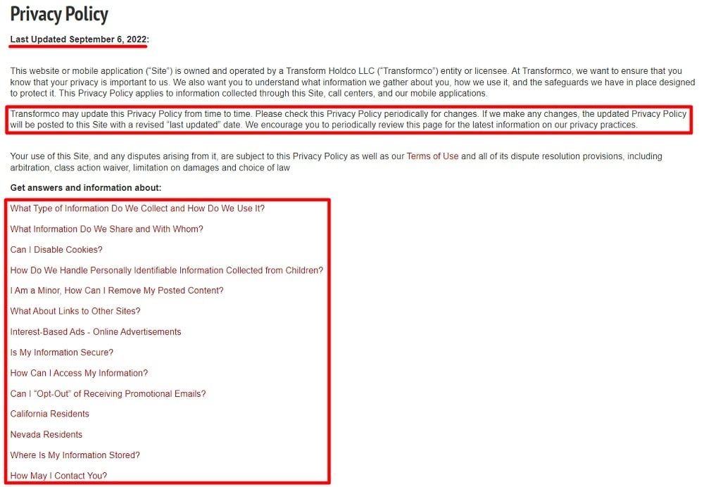 Kmart Privacy Policy: Intro section with table of contents of clauses highlighted