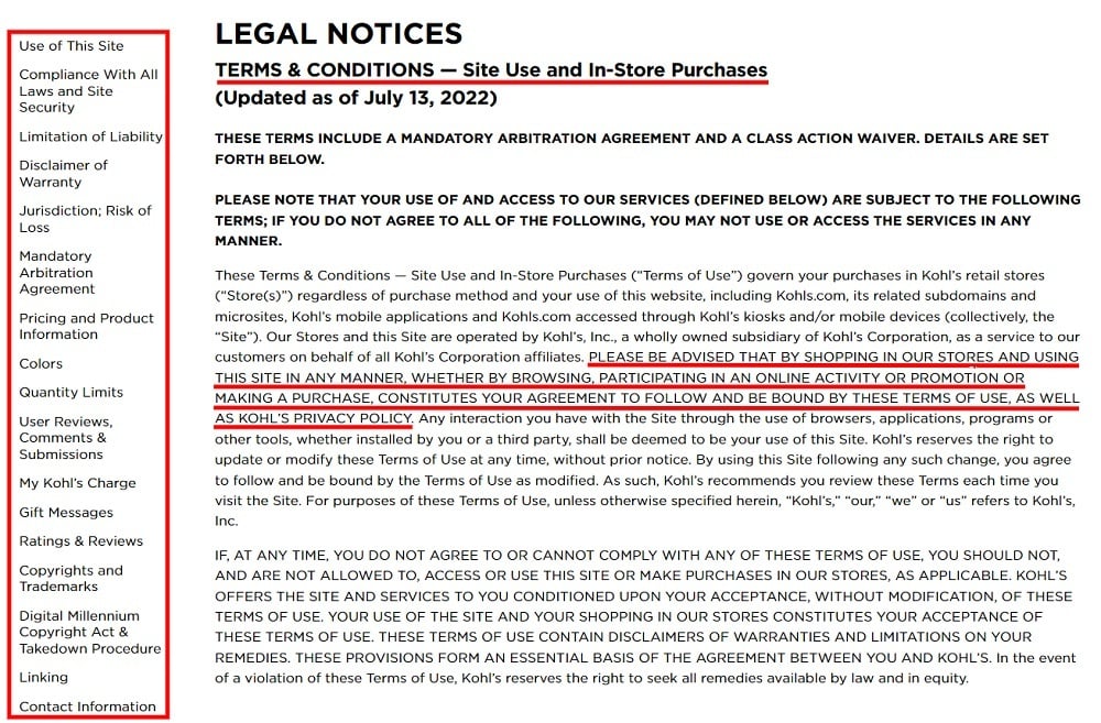 Kohl's Terms and Conditions agreement: Intro section and table of contents highlighted