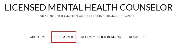 Licensed Medical Health Counselor website header menu with disclaimer link highlighted