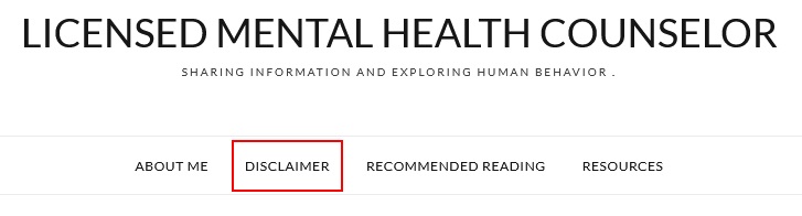 Licensed Medical Health Counselor website header menu with disclaimer link highlighted