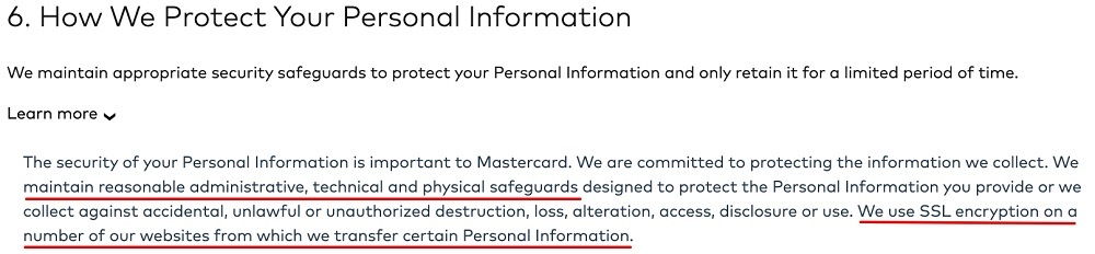 Mastercard Global Data Privacy Notice: How We Protect Your Personal Information clause