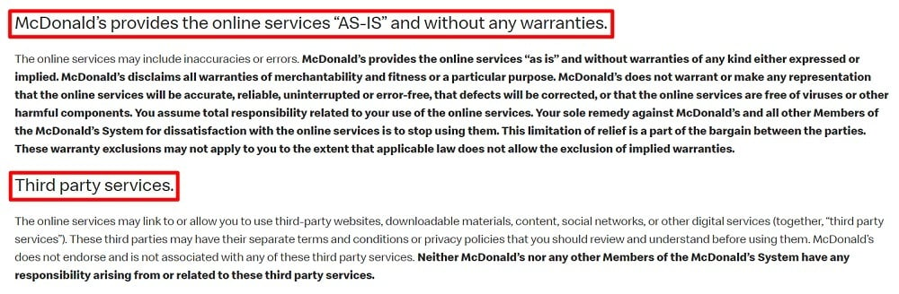 McDonald’s Terms and Conditions for Online Services: Limitation of liability and third party services clauses