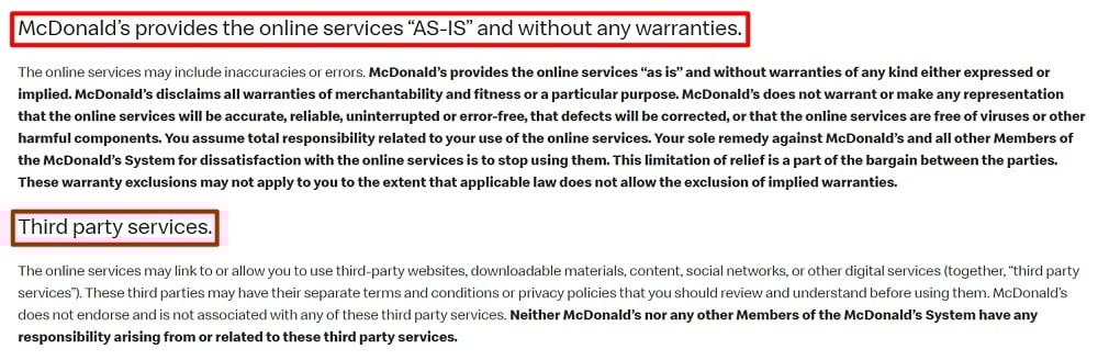 McDonald’s Terms and Conditions for Online Services: Limitation of liability and third party services clauses