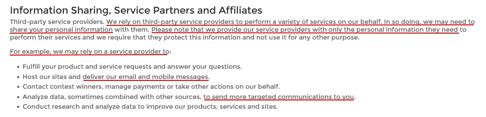 Michaels Privacy Rights: Information Sharing Service Partners and Affiliates clause excerpt