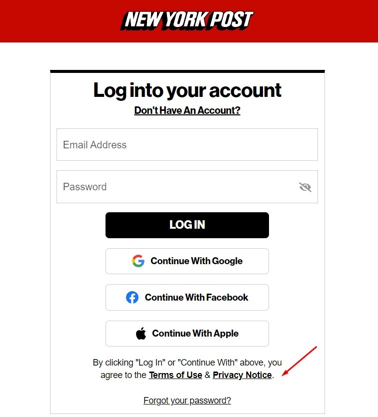 New York Post login form with Privacy Notice link highlighted
