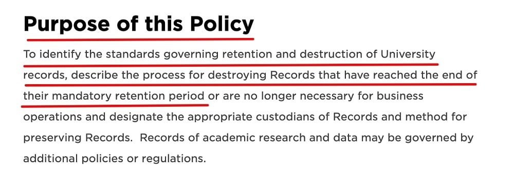 New York University Retention and Destruction of Records Policy: Purpose of this Policy clause