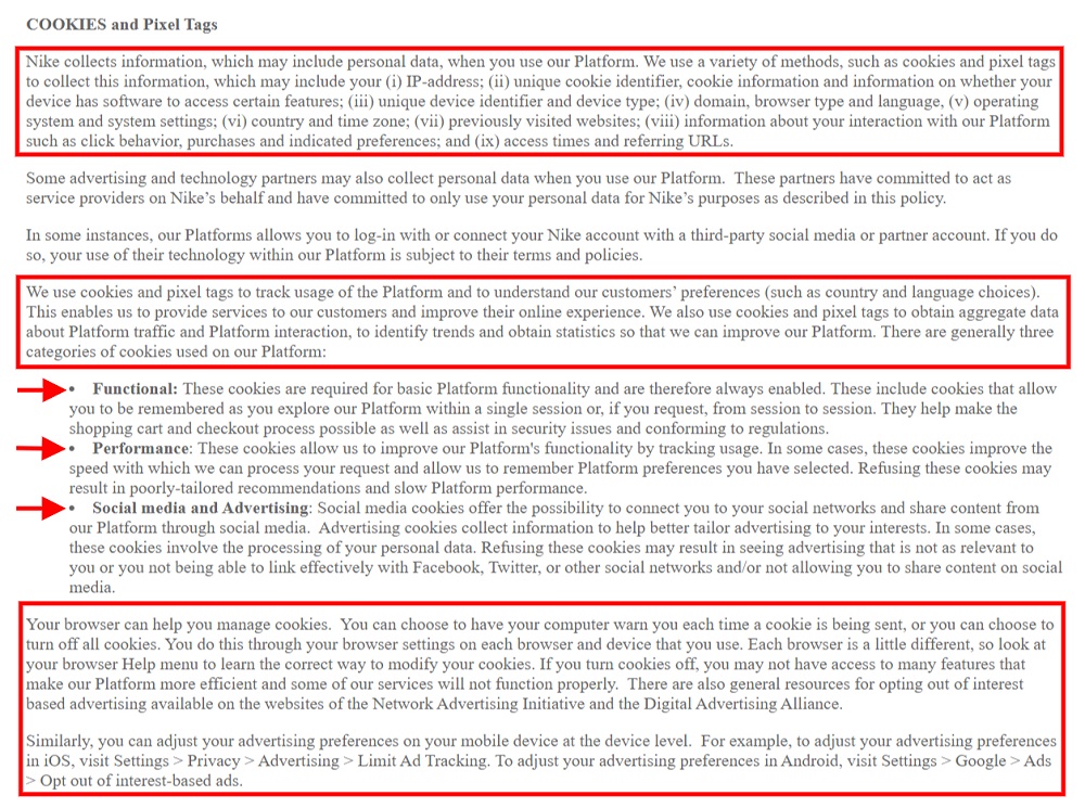 Nike Privacy Policy: Cookies and Pixel Tags clause